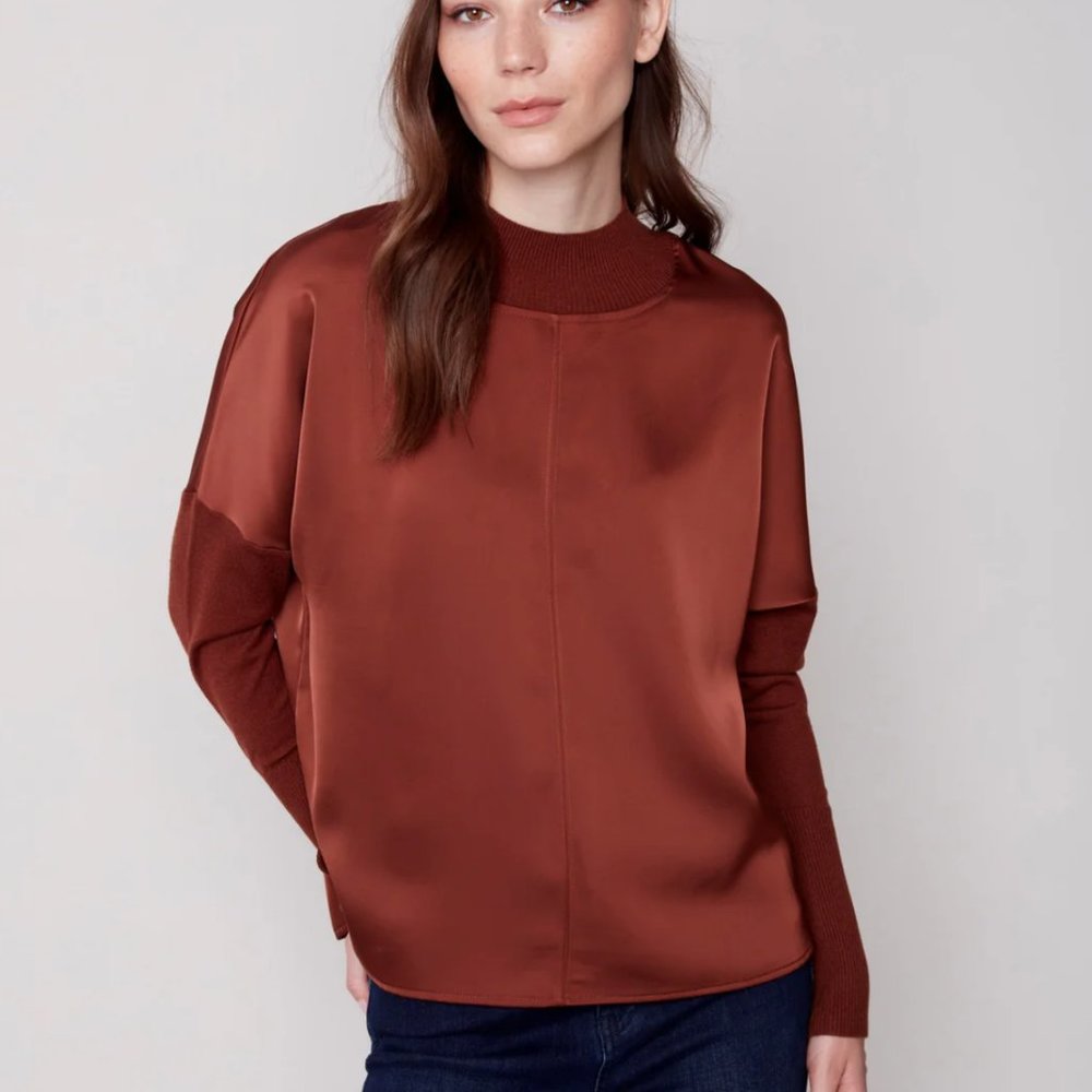 New! Charlie B. Satin Knit Top with Mock Neck, Cinnamon Color, XS (fits S)
